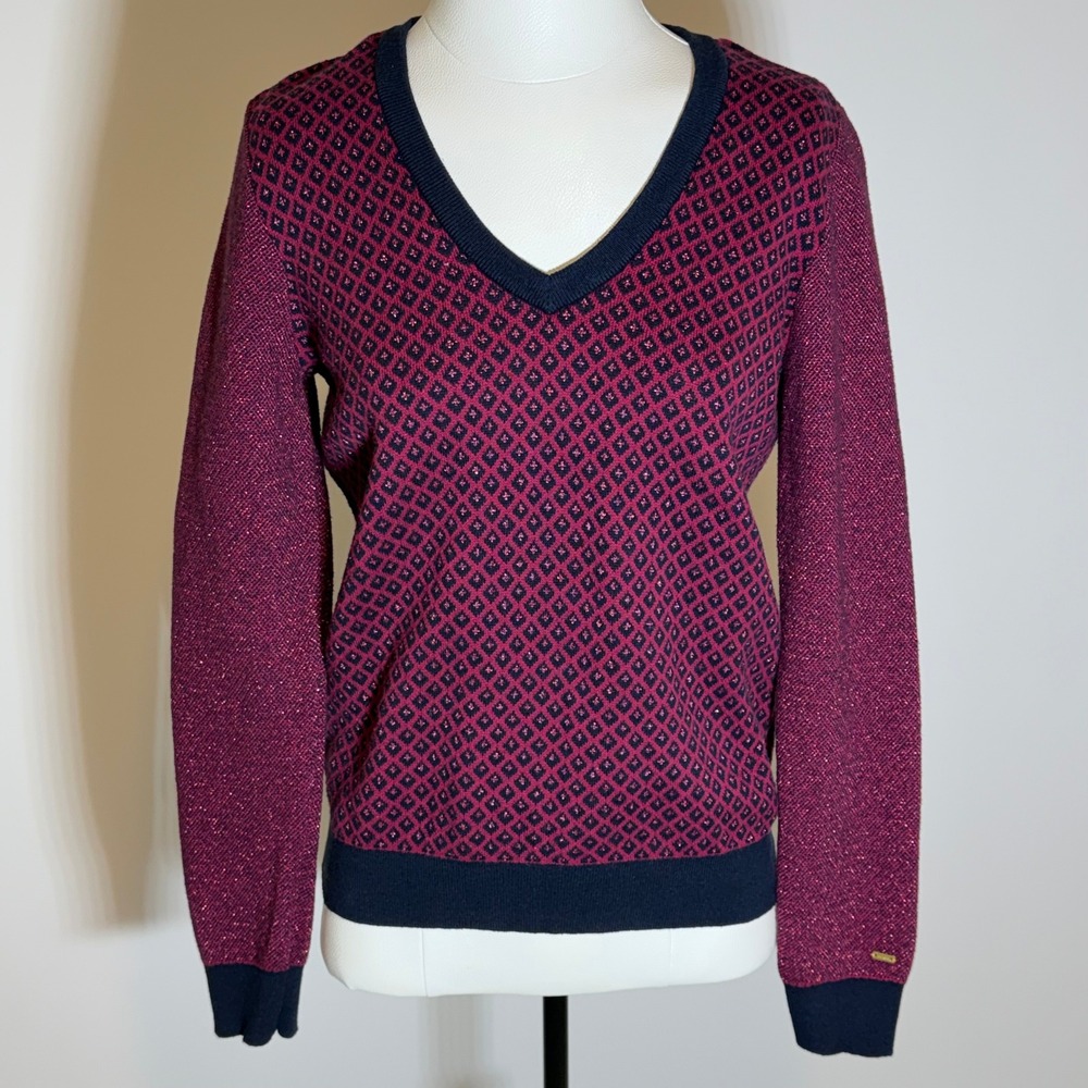 Tommy Hilfiger Burgundy Diamond Pattern Metallic Knit Sweater Womens Size Medium